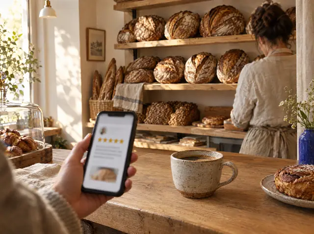 A neighbourhood bakery counter with sourdough loaves and a customer holding a phone open on a five-star review